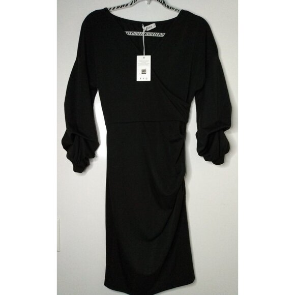 Grace Karin Dresses & Skirts - GRACE KARIN Dress Womens S Black 3/4 Ruched Sleeve V Neck Faux Wrap Knee Length